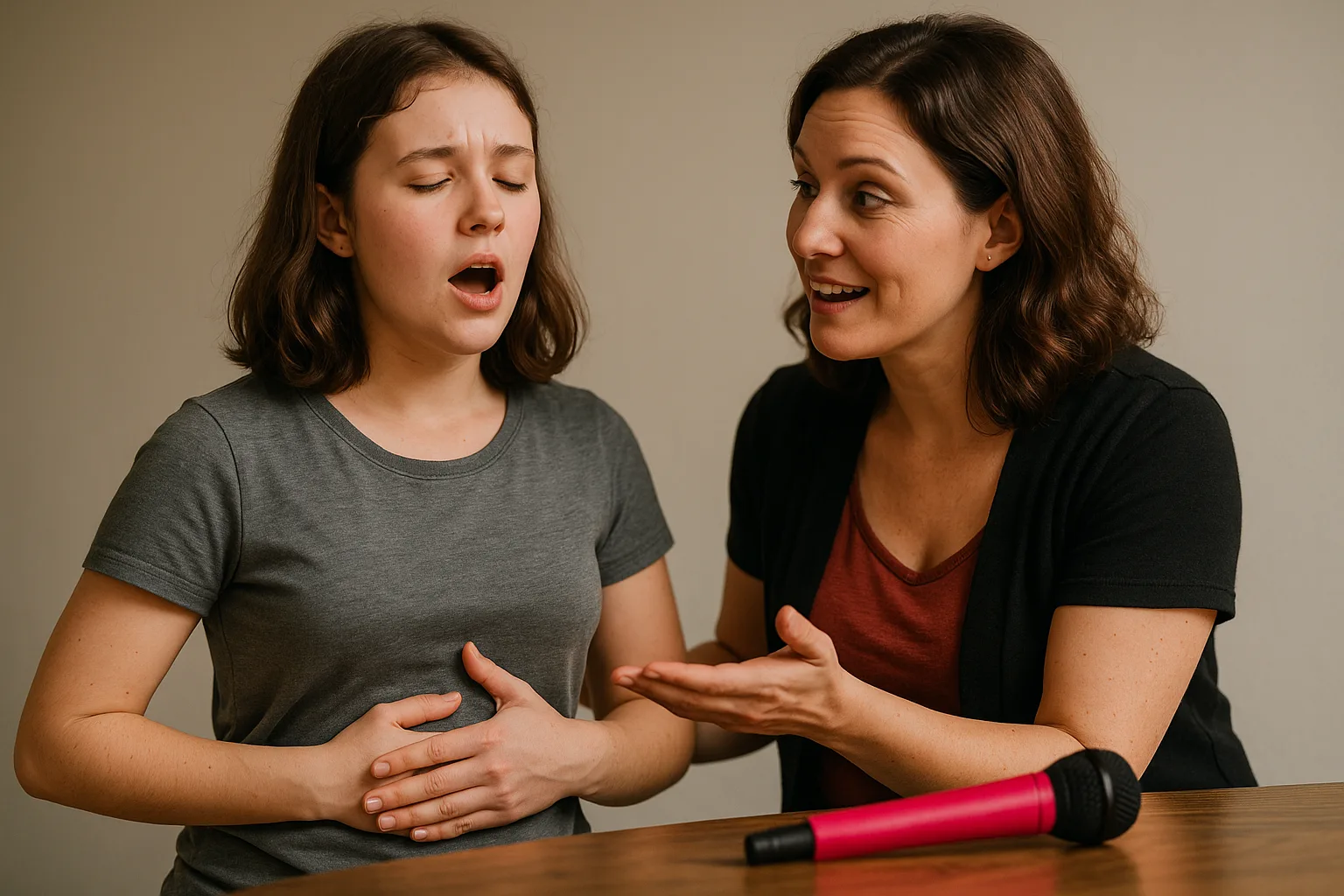 Наставник объясняет дыхание, положив руку ученика на живот