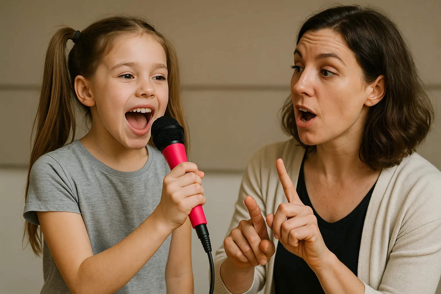 Педагог показывает ритм девочке, поющей в микрофон