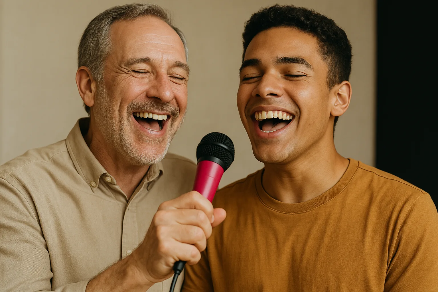 Наставник и ученик поют в унисон с улыбками