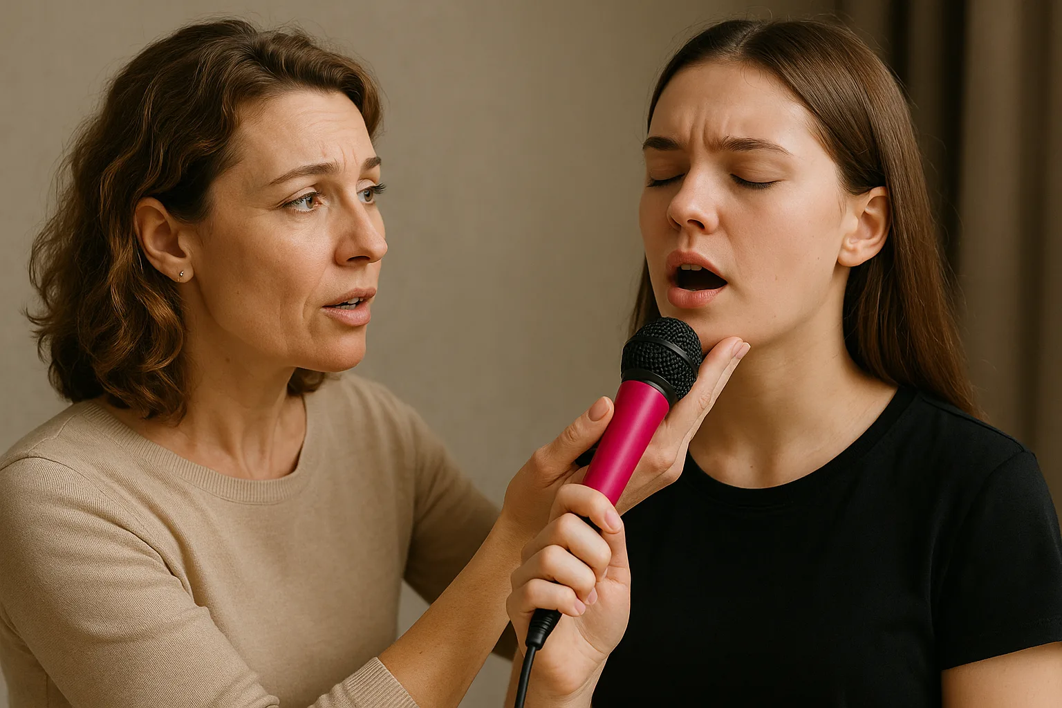 Наставница поправляет подбородок ученицы во время пения