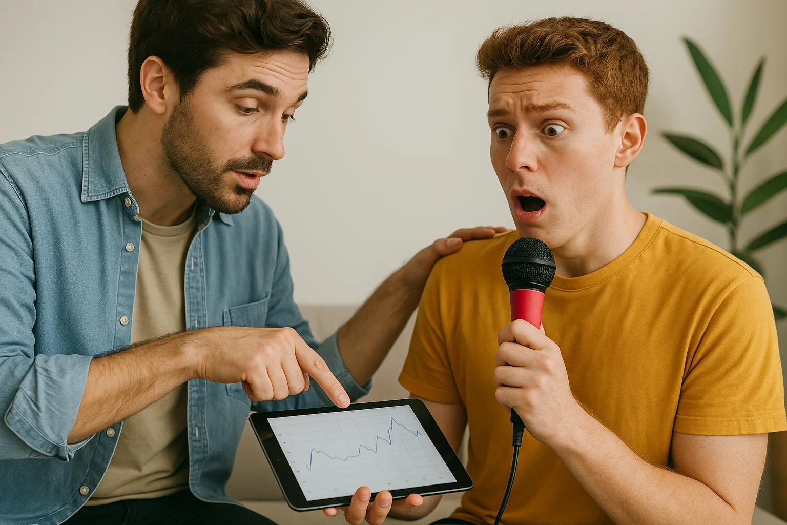 Ученик с микрофоном смотрит на график голоса на планшете